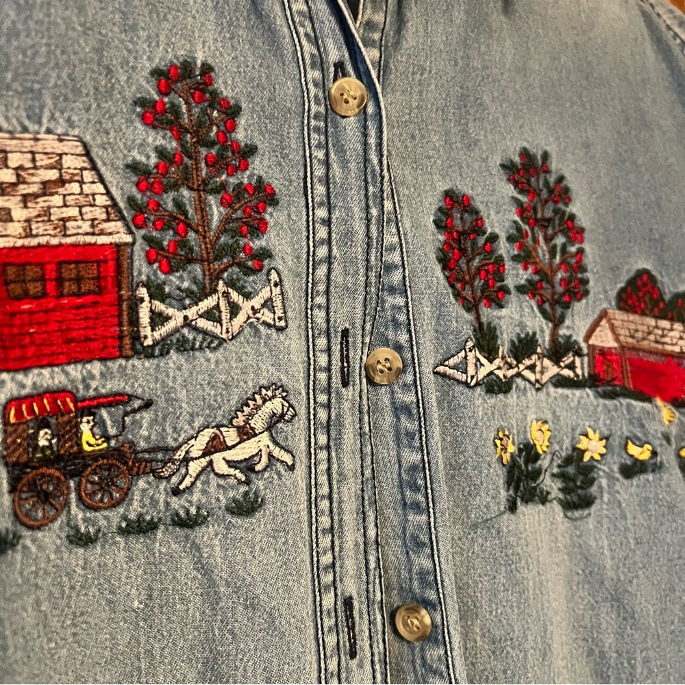 Embroidered Denim Shirt with Red Barn Design